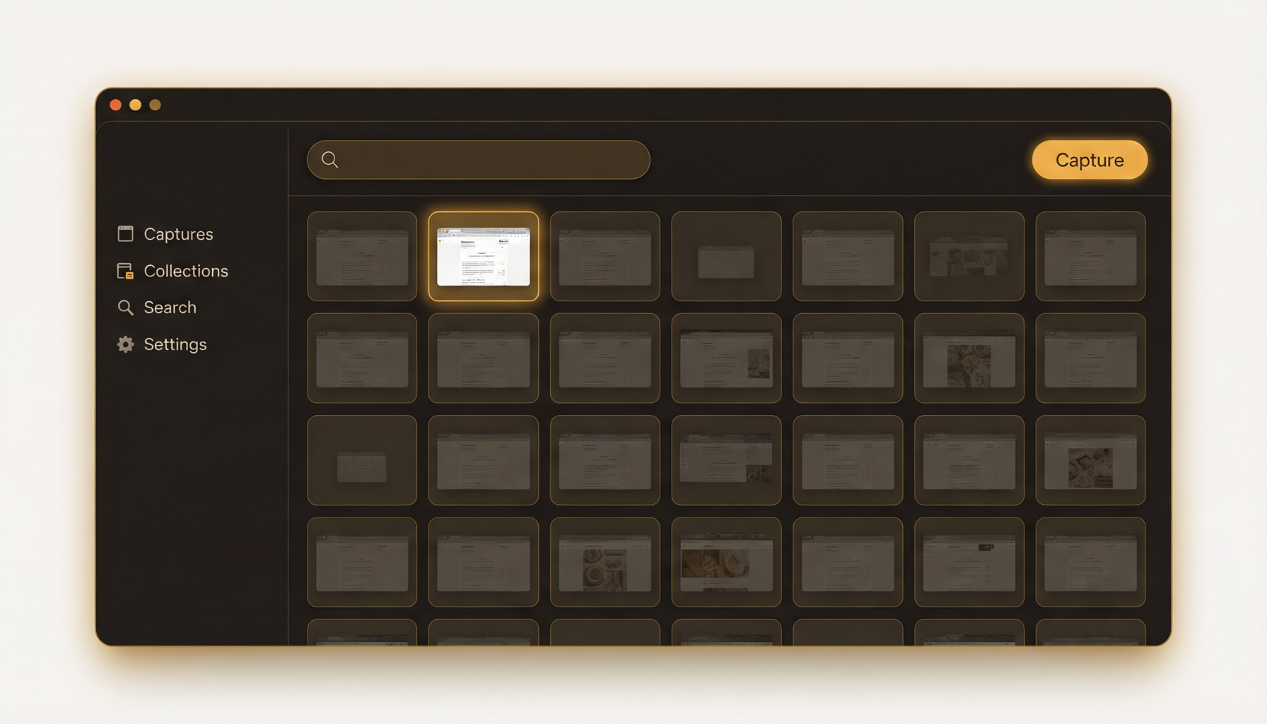Visora capture interface showing a grid of screenshots with the sidebar navigation